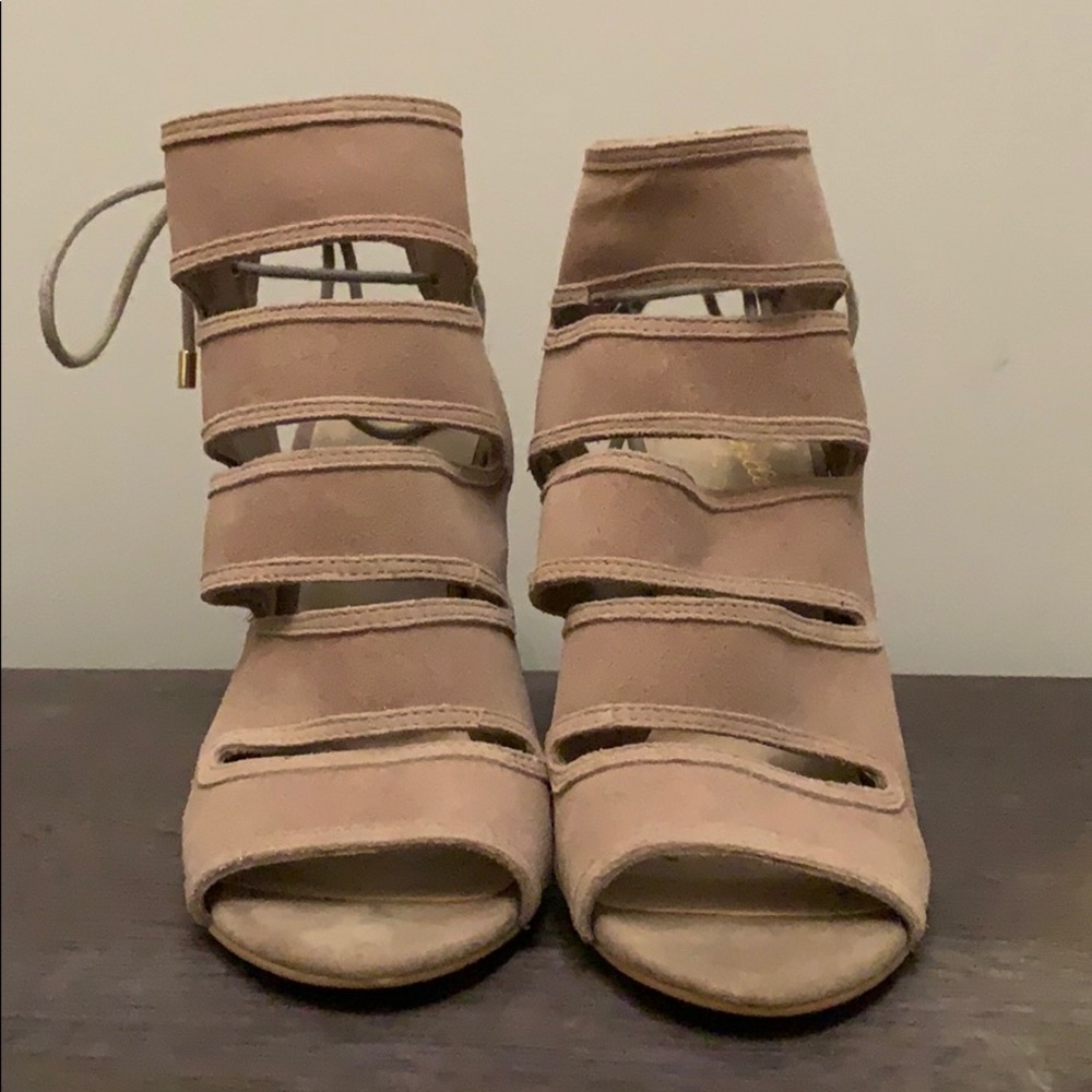 Tan Suede open toed Seychelles heels